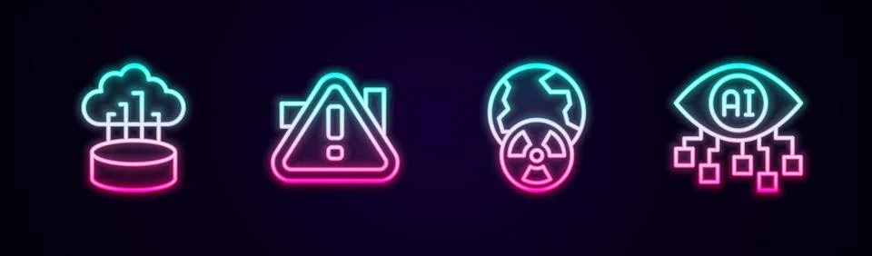 Set line Network cloud connection, Exclamation mark in triangle, Planet earth Illustrazione stock