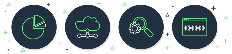 Set line Network cloud connection, Magnifying glass and gear, Pie chart Illustrazione stock