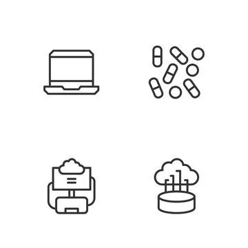 Set line Network cloud connection, Cloud database, Laptop and Medical pill 스톡 일러스트