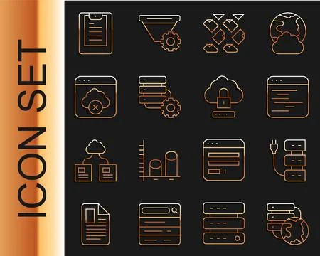 Set line Network cloud connection, Server, Software, Data stream, and gear Stock Illustration