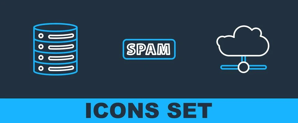 Set line Network cloud connection, Server, Data, Web Hosting and Spam icon Illustrazione stock