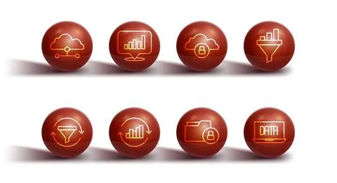 Set line Network cloud connection, Sales funnel with chart, Folder and lock, Pie Stock Illustration