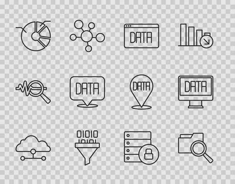 Set line Network cloud connection, Search with folder, Data analysis, Binary Stock Illustration