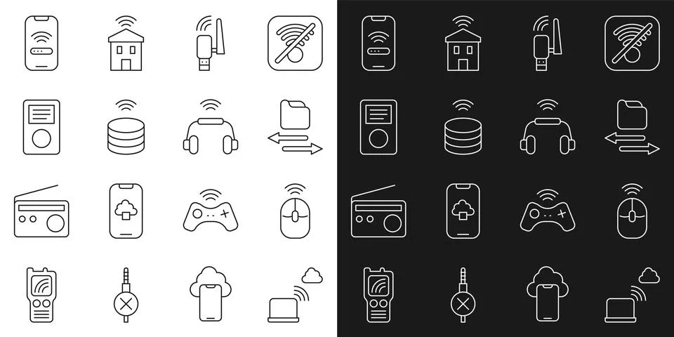 Set line Network cloud connection Wireless computer mouse Transfer files Usb  Stock Illustration