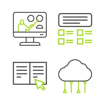 Set line Network cloud connection, Online book, quiz, test, survey and education Stock Illustration