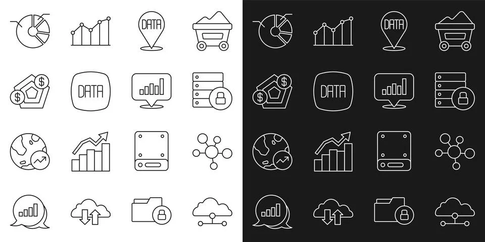 Set line Network cloud connection Mind map infographic Server security with p Stock Illustration