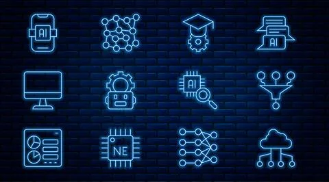 Set line Network cloud connection, Funnel filter, Graduation cap, Robot set.. 库存插图