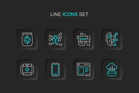 Set line Network cloud connection, Browser window, Mobile phone, First aid .. Illustrazione stock