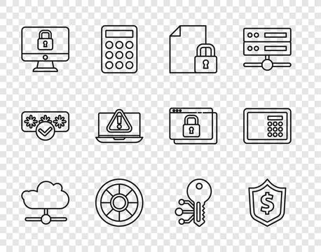 Set line Network cloud connection, Shield with dollar, Document and lock, S.. Illustrazione stock