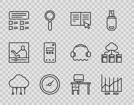 Set line Network cloud connection, Pie chart infographic, Online book, Cloc.. Stock Illustration