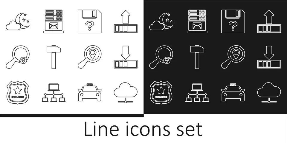 Set line Network cloud connection, Loading, Unknown document, Hammer, Searc.. Illustrazione stock