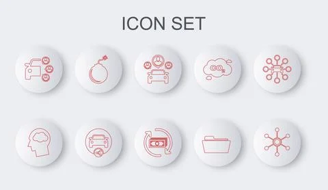 Set line Network, Head silhouette with cloud, Car sharing, Folder, Bomb ready to Stock Illustration