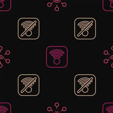 Set line Network, No Wi-Fi wireless internet and on seamless pattern. Vector Illustrazione stock