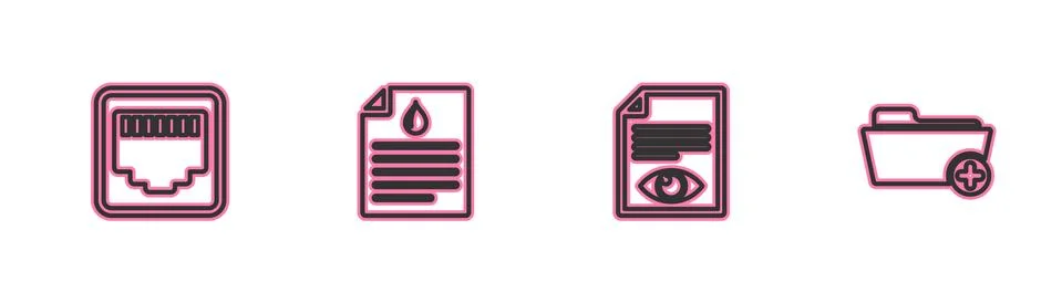 Set line Network port cable socket, Paper page with eye, Clipboard blood test Stock Illustration