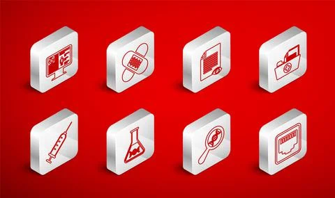 Set line Network port cable socket, Crossed bandage plaster, Paper page with eye Stock Illustration