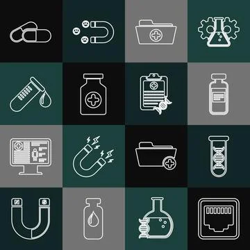 Set line Network port cable socket, DNA research, search, Medical vial, ampoule Stock Illustration