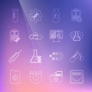 Set line Network port cable socket, Test tube with drop of blood, Bioengineering Stock Illustration