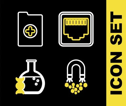 Set line Network port cable socket, Magnet with money, DNA research, search and Stock Illustration