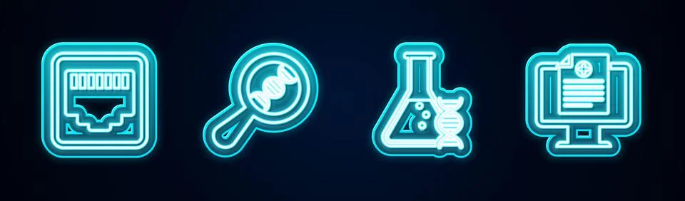 Set line Network port cable socket, DNA research, search, and Clinical record on Illustrazione stock