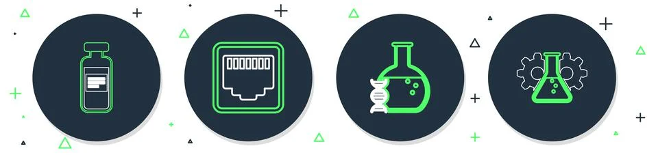 Set line Network port cable socket, DNA research, search, Medical vial, ampoule Stock Illustration