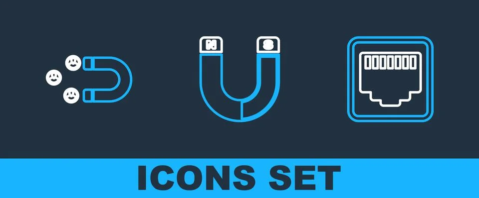 Set line Network port cable socket, Customer attracting and Magnet icon. Vector Illustrazione stock