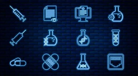 Set line Network port cable socket, DNA research, search, Clinical record on Illustrazione stock
