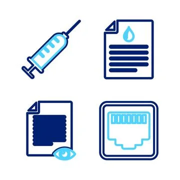 Set line Network port cable socket, Paper page with eye, Clipboard blood te.. Stock Illustration