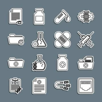Set line Network port cable socket, Health record folder, Crossed syringe, .. Stock Illustration