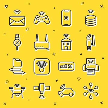 Set line Network, Smart printer system, Usb wireless adapter, Mobile with 5G イラスト素材