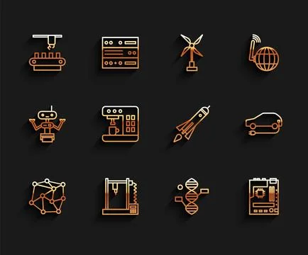 Set line Neural network, 3D printer, Factory conveyor system belt, DNA symb.. Stock Illustration