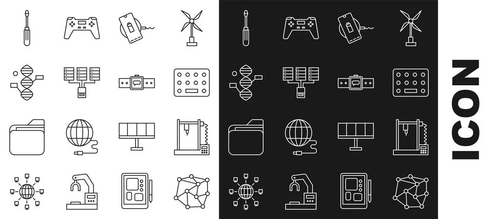 Set line Neural network, 3D printer, Pills blister pack, Wireless charger, .. Stock Illustration