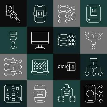 Set line Neural network, Algorithm, Funnel filter, Computer monitor, Photo Stock Illustration