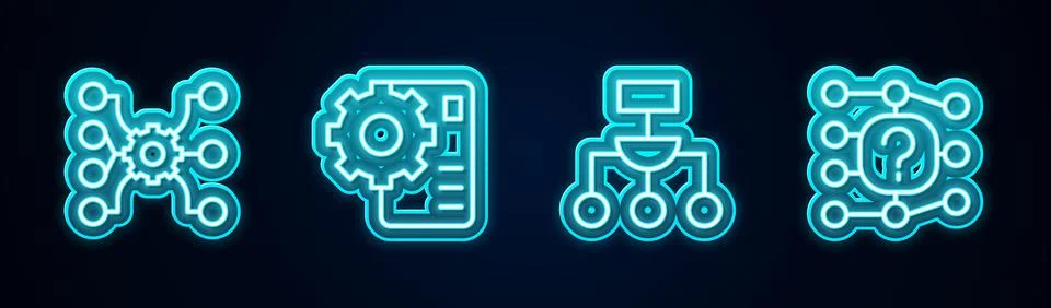Set line Neural network, Algorithm and . Glowing neon icon. Vector Stock Illustration