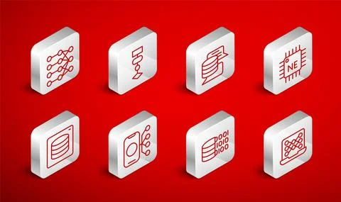 Set line Neural network, Algorithm, Server, Data, Processor CPU, Binary code Illustrazione stock