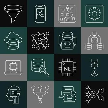 Set line Neural network, Algorithm, Server, Data, Cloud database, Funnel filter 库存插图
