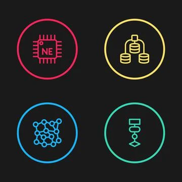 Set line Neural network, Algorithm, Server, Data and Processor CPU icon. Vector Stock Illustration