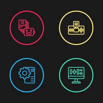 Set line Neural network, Algorithm, Artificial intelligence AI and robot icon 스톡 일러스트