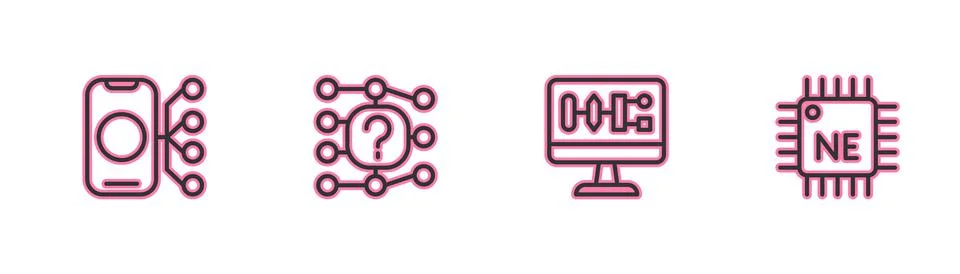 Set line Neural network, Algorithm, and Processor CPU icon. Vector 库存插图