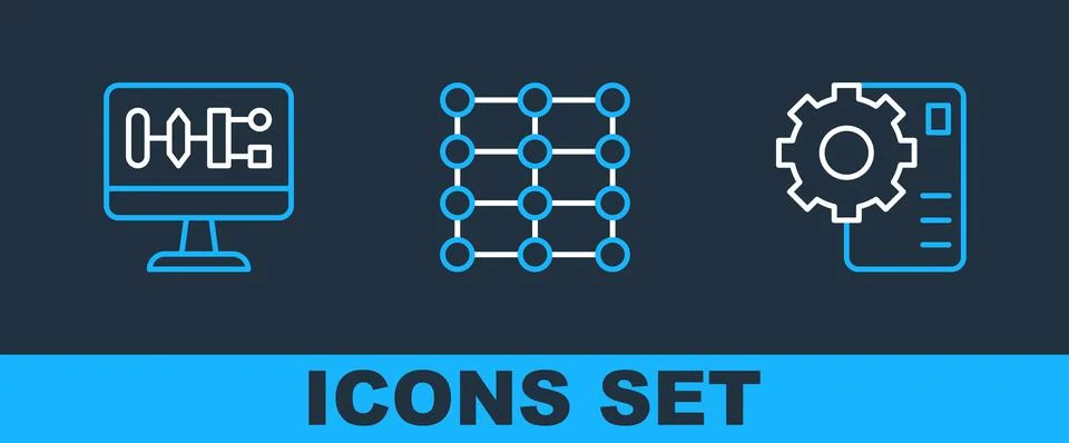 Set line Neural network, Algorithm and icon. Vector Illustrazione stock