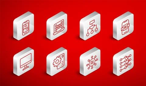 Set line Neural network, Algorithm, Artificial intelligence AI, Mobile phone 스톡 일러스트