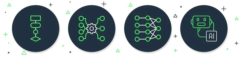 Set line Neural network, Algorithm and Artificial intelligence robot icon イラスト素材