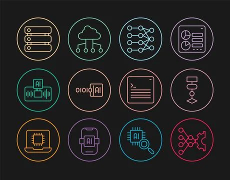 Set line Neural network, Algorithm, Binary code, Artificial intelligence AI Stock Illustration