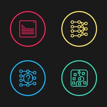 Set line Neural network, and Web developer programming code icon. Vector Illustrazione stock