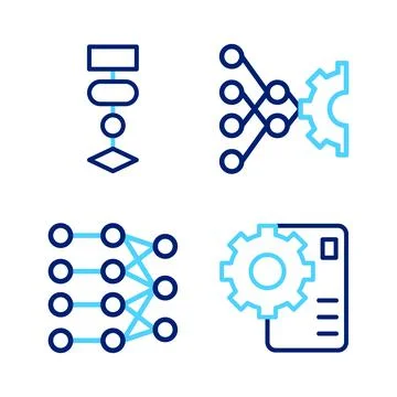 Set line Neural network,  and Algorithm icon. Vector Stockillustratie
