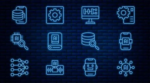 Set line Neural network, Artificial intelligence AI, Algorithm, Processor CPU 스톡 일러스트