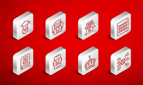 Set line Neural network, Artificial intelligence robot, Chat, Binary code Stock Illustration