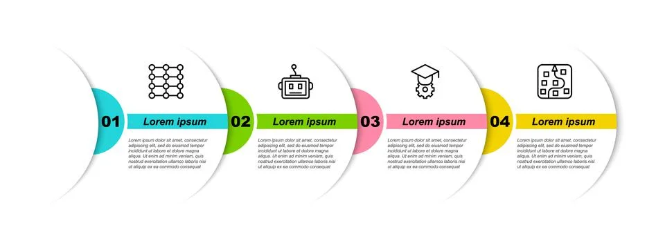 Set line Neural network, Artificial intelligence robot, Graduation cap and Stock Illustration