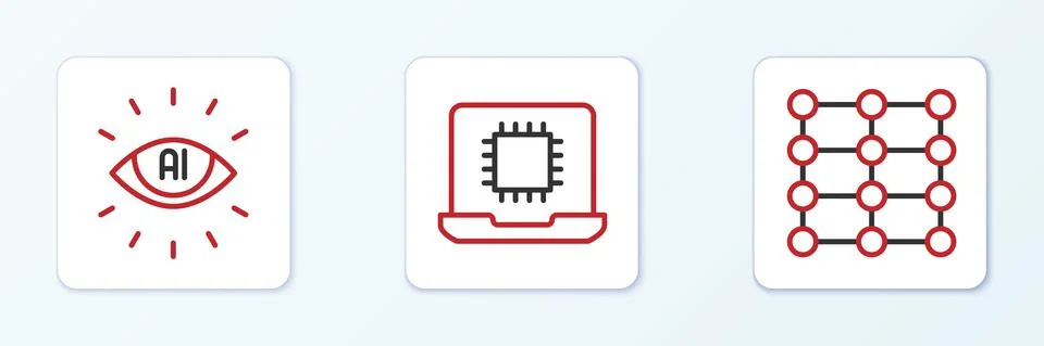 Set line Neural network, Artificial intelligence AI and Processor CPU icon Illustrazione stock