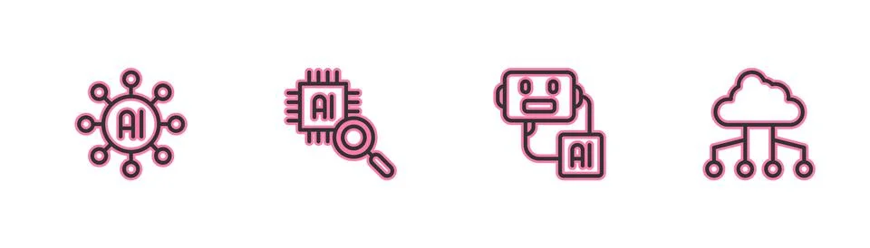 Set line Neural network, Artificial intelligence robot, Processor CPU and Illustrazione stock