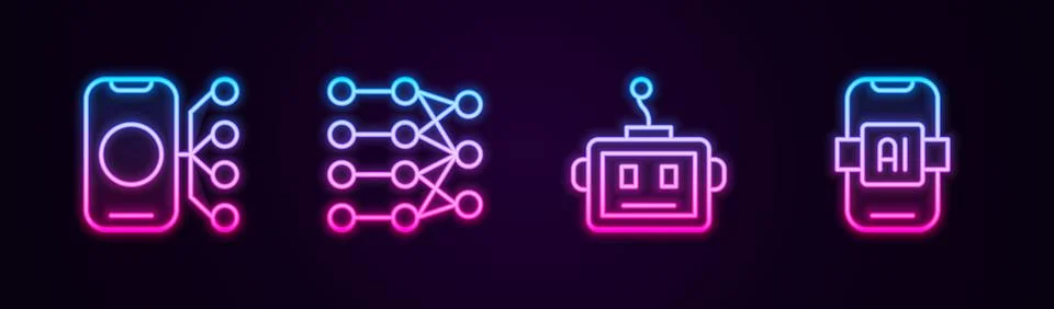 Set line Neural network, Artificial intelligence robot and AI. Glowing neon icon 스톡 일러스트